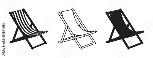 Folding deck chair vector illustrations in three different styles for summer vacation beach leisure concept designs.