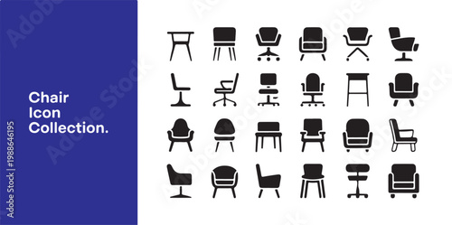 Minimalist chair icon set featuring various modern furniture silhouettes for home office interior design projects.
