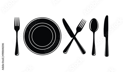 Black silhouette of a plate with crossed knife and fork