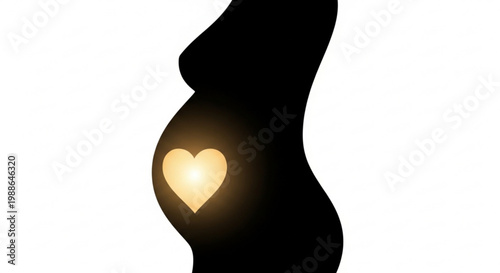 A minimalist vector graphic illustration of a pregnant woman's silhouette with a glowing heart on her belly