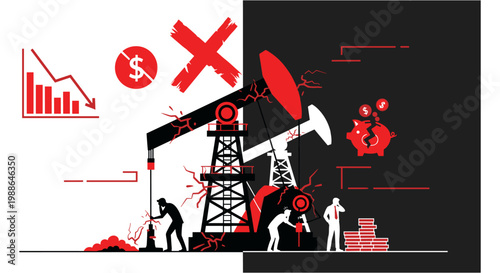 Oil pump jack in dramatic red and black illustration with declining financial charts for energy crisis