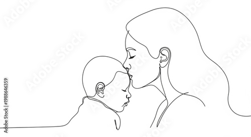A minimalist line art illustration of a mother kissing her baby on the cheek