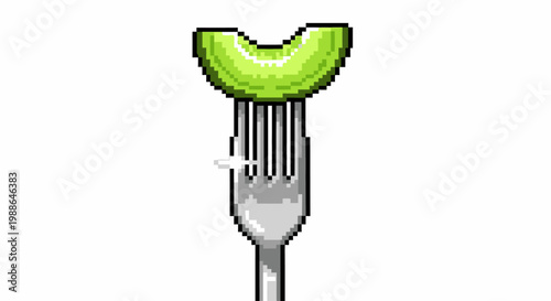 Slice of green fruit on a silver fork.