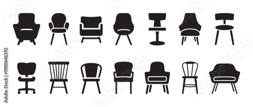 Contemporary furniture collection displaying stylish armchair and dining chair silhouettes for interior decorating.
