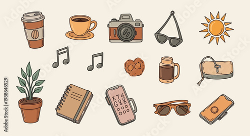 Collection of travel and leisure items.