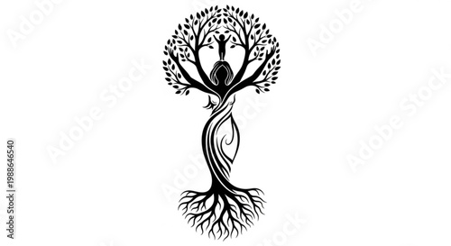 A minimalist black and white illustration of a tree with intertwined roots and branches