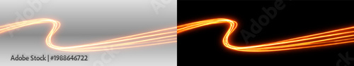 Radiant golden light streak glow curved beam motion effect png overlay element, on transparent background
