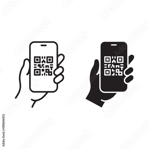 Hands holding smartphones displaying qr codes black and white line art