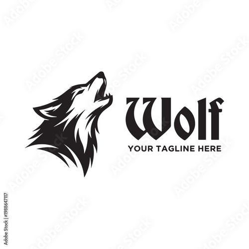 Fotografie Black and white illustration of a wolf howling with stylized text