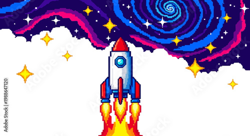 Pixel Art Rocket Ship Launching into Space.