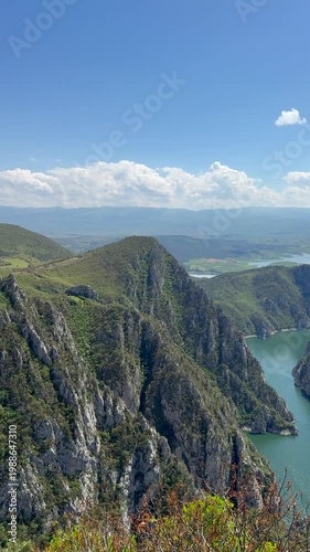 Mountain river in a canyon against a background of green forest and blue sky