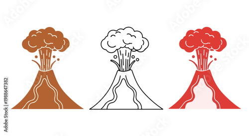 Three volcanoes erupting in different colors and line styles on white background