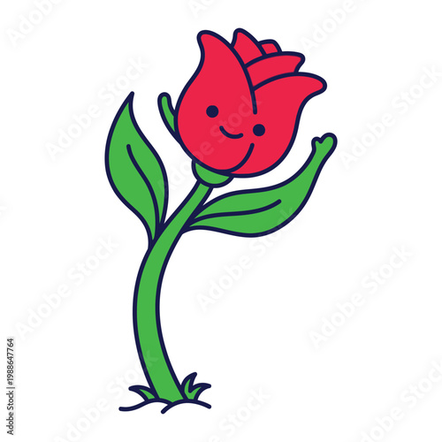 Cheerful Red Tulip with Curved Stem and Green Leaves