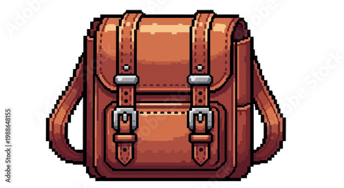 Pixel Art Brown Leather Satchel Backpack Illustration.