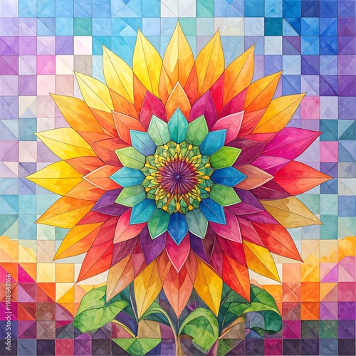 A vibrant, geometric sunflower with layered, colorful petals on a pixelated background, with green stems emerging