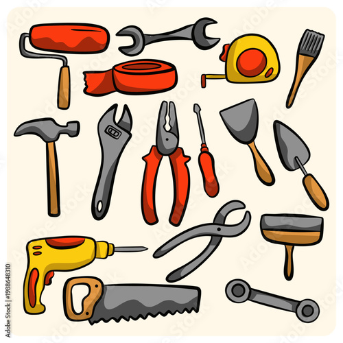 Hand drawn construction and carpentry tools set for home repair