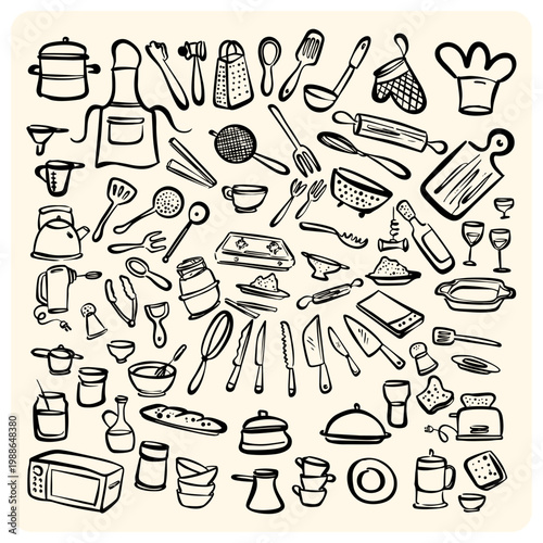 Hand Drawn Kitchen Utensils and Cooking Tools Equipment Doodle Mega Set