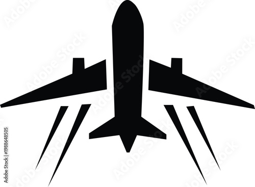 A simple black silhouette of an airplane in flight with motion lines