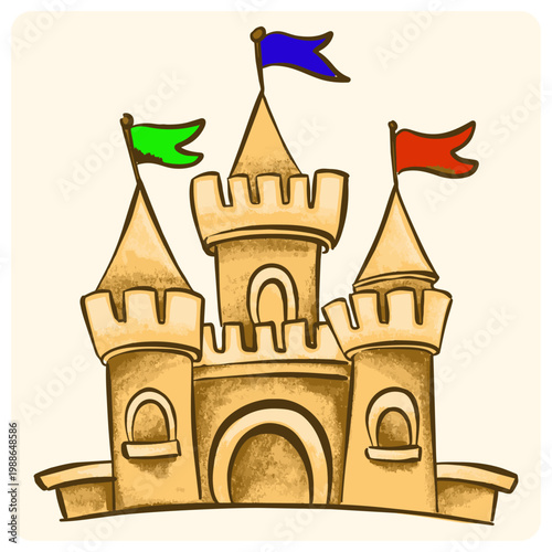 Majestic Golden Sand Castle with Colorful Flags Illustration