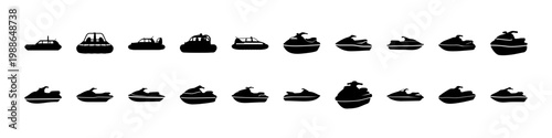 Boat and ship silhouette icons marine set - Black silhouettes of boats, yachts, and ships in various styles, ideal for marine transport, travel, and nautical design projects.
