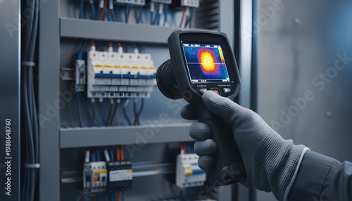 Professional engineer scanning an electrical panel for a thermal anomaly using a handheld infrared camera for industrial maintenance and safety inspection concept