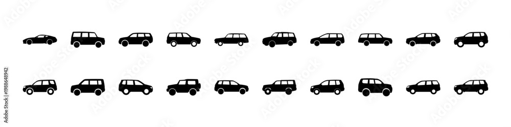 Fototapeta premium Black car top view silhouette icon set - Collection of black silhouettes featuring cars in top view perspective arranged in rows on a white background for transport design.