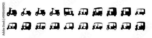 Small vehicle silhouette icons scooter and buses - Set of black silhouettes featuring small urban vehicles like scooters, tuk tuks, vans, and minibuses, ideal for transport and city design themes.