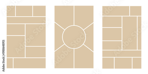 Image collage layout template. Beige mosaic mood board grid collection. Picture frame set. Photo album idea for banner, poster, comic page, flyer, brochure, booklet, memory wall design. Vector pack