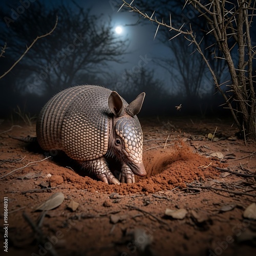 Armadillo digs in dirt at night, moonlit desert, eerie, natural