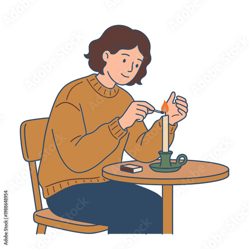 Person lighting candle at a table with matchbox