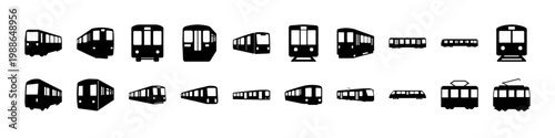 Black train and tram silhouette icon set - Collection of black silhouettes featuring trains, trams and rail transport vehicles arranged in rows on a white background.