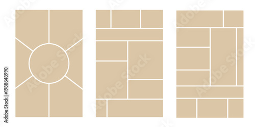 Image collage layout template. Beige mosaic mood board grid collection. Picture frame set. Photo album idea for banner, poster, comic page, flyer, brochure, booklet, memory wall design. Vector pack
