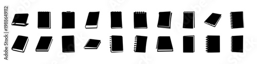 Black mobile device and tablet silhouette icons -  Collection of black silhouettes featuring smartphones, tablets and mobile devices in various angles arranged on a white background.