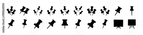Black push pin and office board icon set - Set of black silhouettes featuring push pins, thumbtacks and presentation boards arranged in rows on a white background for office use.
