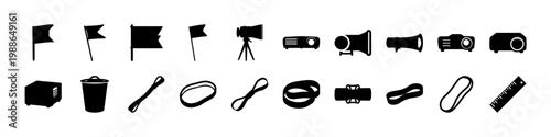 Black media and communication silhouette icon set - Collection of black silhouettes featuring flags, cameras, microphones and communication devices arranged in rows on a white background.