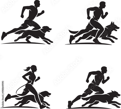 Silhouette Illustration of People Running and Jogging with Dogs, Active Lifestyle Concepts