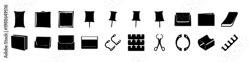 Black furniture and home decor silhouette icons - Set of black silhouettes featuring furniture, home decor items, lamps and household objects arranged in rows on a white background.