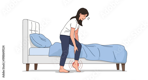 Woman experiencing ankle pain after waking up from bed