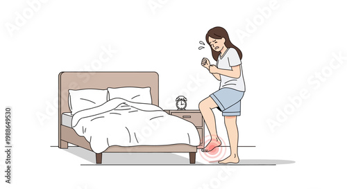 Woman experiencing severe foot pain while waking up