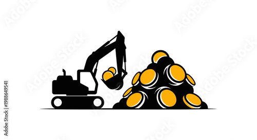 Excavator moving a pile of coins.