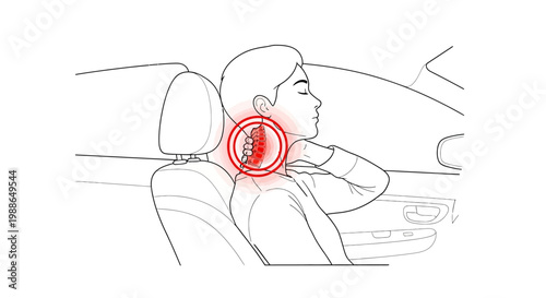 Person suffering from acute cervical spine pain in a car