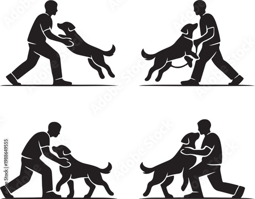 Silhouette of a person interacting with a dog set of four poses showing bonding and training