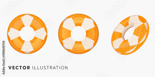 Three orange and white life preservers shown in different perspectives