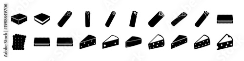 Black cake slice and chocolate bar icons - Minimal black silhouettes of cake slices, chocolate bars and dessert pieces arranged in rows on a white background for icon design.