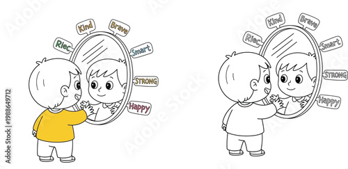 Cute Little Boy Practicing Self-Esteem and Positive Affirmations in Front of a Mirror, Coloring Book Page and Colored Version Illustration for Kids Education and Mental Wellness