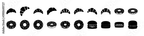 Black pastry and donut silhouette icon set - Minimal black silhouettes of croissants, donuts, burgers and assorted pastries arranged in rows on a white background for food icon use.