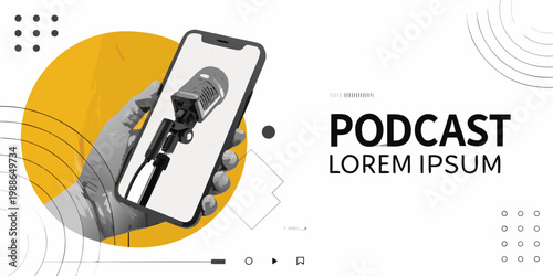 A smartphone displaying a microphone promoting a podcast with abstract design