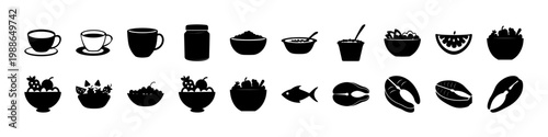 Black coffee fruit and food silhouette icons - Collection of black silhouettes featuring coffee cups, fruits, bowls and assorted food items arranged in rows on a white background.
