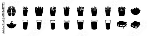 Black fries drinks and snack silhouette icons - Set of black silhouettes featuring french fries, drinks, snacks and takeaway food items arranged in rows on a white background.