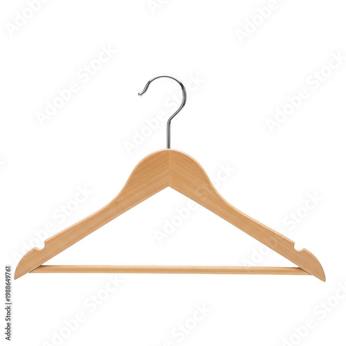 Light wooden hanger with a curved hook for hanging clothes or accessories isolated on transparent background